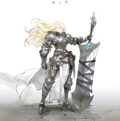 1girl absurdres arm_at_side armor arowana2111 belt blonde_hair brick_floor brown_belt clenched_hand commentary english_commentary floating_hair full_armor hair_between_eyes highres holding holding_sword holding_weapon huge_weapon looking_ahead original simple_background solo standing sword weapon white_background