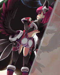 1boy 1girl ajitarou_(setsu) ass black_wings blush bodysuit breasts emil_chronicle_online from_behind hair_ornament hand_guard height_difference kabedon medium_breasts mitama_celes pink_hair scared thighs wings
