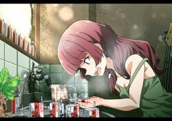 1girl absurdres alcohol alcohol_carton bass_guitar bocchi_the_rock! breasts carton cleavage commentary_request dress faucet goumonsha green_dress highres hiroi_kikuri instrument kitchen long_hair medium_breasts purple_eyes purple_hair sink small_breasts solo toothbrush water