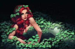 1girl arm_rest arm_support bare_arms bare_shoulders batman_(series) black_background breasts cleavage closed_mouth dc_comics deviantart_sample green_eyes green_leotard green_pantyhose gunnergurl hair_ornament image_sample large_breasts leaf_hair_ornament leotard lips long_hair looking_at_viewer lying medium_breasts naughty_face on_side pantyhose parted_bangs plant poison_ivy red_hair red_lips simple_background smile solo strapless strapless_leotard