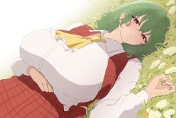 1girl arm_under_breasts ascot breasts collared_shirt commentary dutch_angle english_commentary frilled_ascot frills grass green_hair highres huge_breasts kazami_yuuka light_blush long_sleeves looking_at_viewer lying medium_hair moriforest1040 on_back on_grass parted_lips plaid_clothes plaid_skirt plaid_vest red_eyes red_skirt red_vest shirt skirt solo touhou vest white_shirt yellow_ascot