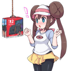 ! 1girl black_pantyhose blue_eyes blue_sleeves blush box breasts brown_hair clenched_hands donut_hair_bun double_bun hair_bun handheld_game_console hands_up hat kutabireta_neko long_hair mario mario_(series) mario_kart mario_kart_world nintendo nintendo_switch_2 nose_blush open_mouth pantyhose pantyhose_under_shorts poke_ball_print pokemon pokemon_bw2 raglan_sleeves rosa_(pokemon) shirt shorts solo three-quarter_sleeves twintails v-shaped_eyebrows visor_cap white_shirt yellow_shorts