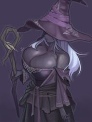 1girl absurdres bare_shoulders breasts collarbone commentary dark-skinned_female dark_skin elden_ring elden_ring_nightreign hat highres holding holding_staff kelvin_hiu large_breasts long_hair looking_at_viewer mage_staff recluse_(elden_ring) solo staff white_hair witch witch_hat