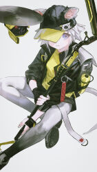 1girl animal_ears arknights backpack bag baseball_cap belt belt_buckle black_gloves black_pantyhose black_shorts buckle cat_ears cat_tail click_(arknights) closed_mouth dot_nose drone ears_through_headwear eyelashes fingerless_gloves fingernails foot_out_of_frame gloves gradient_pantyhose green_shirt grey_background grey_shoes hat highres holding holding_staff knees long_sleeves looking_at_viewer one_eye_covered open_belt outstretched_leg pantyhose purple_eyes reoen shirt shoes short_hair shorts simple_background sitting smile sneakers solo spray_can staff tail white_bag white_belt white_hair white_pantyhose