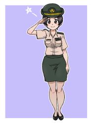 1girl black_shoes breasts brown_eyes brown_hair collarbone collared_shirt dress_shirt female_service_cap girls_und_panzer green_skirt hachiya_chitose hat japan_ground_self-defense_force japan_self-defense_force military military_dress_uniform military_hat military_uniform pencil_skirt ribbon_bar salute shirt shoes short_hair short_sleeves skirt takahashi_kurage yellow_shirt