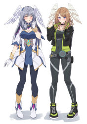 2girls black_leggings blue_eyes bodysuit brown_hair closed_eyes commentary_request covered_navel dress eunie_(xenoblade) full_body gloves grey_hair head_wings highres hood hooded_jacket jacket leggings long_hair melia_antiqua multiple_girls pantyhose shinae simple_bird smile white_background white_gloves wings xenoblade_chronicles_(series) xenoblade_chronicles_3