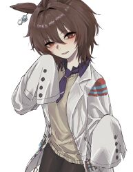 1girl absurdres agnes_tachyon_(umamusume) ahoge black_necktie black_pantyhose black_shirt blush brown_hair chemical_structure coat collared_shirt earrings hair_between_eyes head_tilt highres jewelry lab_coat long_sleeves looking_at_viewer necktie open_clothes open_coat pantyhose parted_lips red_eyes shirt short_hair short_necktie simple_background single_earring sleeves_past_fingers sleeves_past_wrists smile solo sweater test_tube tyrezal umamusume white_background white_coat yellow_sweater