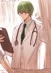 Rule 34 | 1boy, bed, black-framed eyewear, black necktie, blanket, blue shirt, buttons, clipboard, collared shirt, cowboy shot, curtains, doctor, glasses, green eyes, green hair, holding, holding clipboard, hospital, hospital bed, indoors, kuroko no basuke, lab coat, lapels, light frown, long sleeves, looking at another, male focus, midorima shintarou, necktie, notched lapels, parted lips, pointy nose, shirt, short hair, sleepy69, solo focus, stethoscope, vest, white vest