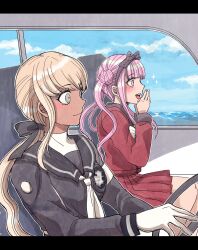 Rule 34 | 2girls, absurdres, black bow, blonde hair, blush, bow, car, closed mouth, dark-skinned female, dark skin, driving, female focus, fingernails, gloves, grey eyes, hair bow, highres, kawana tsubasa, long hair, matching hair/eyes, motor vehicle, multiple girls, ocean, open mouth, pink eyes, pink hair, ponytail, steering wheel, teeth, the hundred line -last defense academy-, tongue, tsukumo kako, twintails, water, white gloves