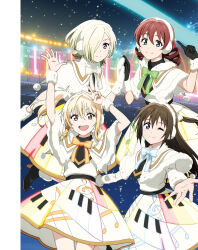 4girls artbook blonde_hair blue_eyes blue_ribbon bow braid brown_hair dress earmuffs emma_verde freckles gloves green_ribbon grey_ribbon hair_over_one_eye highres long_hair looking_at_viewer love_live! love_live!_nijigasaki_high_school_idol_club mia_taylor miyashita_ai multiple_girls non-web_source official_art one_eye_closed orange_eyes orange_ribbon osaka_shizuku purple_eyes ribbon short_hair smile standing twintails