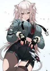 1girl absurdres animal_ears black_shorts cosplay crop_top cropped_jacket fur-trimmed_sleeves fur_trim grey_eyes grin highres hololive jane_doe_(zenless_zone_zero) jane_doe_(zenless_zone_zero)_(cosplay) lion_ears lion_girl midriff pantyhose red_nails shishiro_botan short_shorts shorts simple_background single_leg_pantyhose single_thighhigh smile solo thighhighs tomo0843 torn_clothes torn_pantyhose two_side_up virtual_youtuber white_background white_hair zenless_zone_zero