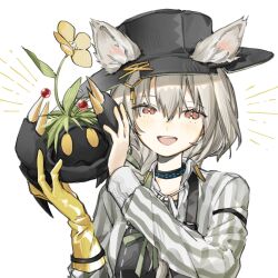 1girl animal_ear_fluff animal_ears arknights beanstalk_(arknights) black_choker blush braid brown_hair choker commentary_request crab domesticated_metal_crab_(arknights) ears_through_headwear flower flower_on_head gloves hair_between_eyes hat highres hyena_ears hyena_girl hyena_tail infection_monitor_(arknights) jixing long_hair long_sleeves looking_at_viewer open_mouth red_eyes ribbon simple_background single_braid single_glove smile solo sweater teeth upper_teeth_only white_background yellow_gloves