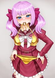 Rule 34 | 1girl, assault lily, belt, belt buckle, bikini, bikini in mouth, bikini over clothes, blue eyes, blunt bangs, blush, bow, breasts, brown belt, brown sailor collar, buckle, closed mouth, clothes in front, clothes in mouth, collarbone, commentary request, cowboy shot, frilled skirt, frilled sleeves, frills, gold bikini, gradient background, grey background, hair bow, halterneck, high-waist skirt, highres, holding, holding swimsuit, holding unworn clothes, imai tomohiro, juliet sleeves, kanba girls high school uniform, long hair, long sleeves, looking at viewer, medium breasts, miniskirt, mouth hold, nose blush, pink hair, puffy sleeves, raised eyebrows, red bow, red shirt, red skirt, sadamori himeka, sailor collar, school uniform, serafuku, shirt, shirt tucked in, skirt, solo, standing, sweat, swimsuit, thigh bow, twintails, untied bikini, untied bikini top, unworn bikini bottom, unworn swimsuit