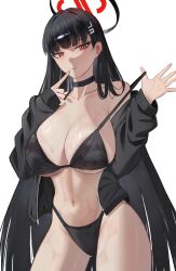 1girl bare_shoulders bikini black_bikini black_hair black_jacket blue_archive breasts choker cleavage commentary halo highres jacket large_breasts long_hair mojisakura112 narehate navel off_shoulder red_eyes ringed_eyes rio_(blue_archive) simple_background solo swimsuit very_long_hair wet white_background