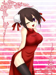 1girl black_thighhighs blush breasts brown_hair china_dress chinese_clothes double_bun dress female_focus gradient_background hair_bun highres kanai_amachi large_breasts one_eye_closed open_mouth original purple_eyes short_hair smile solo thighhighs wink