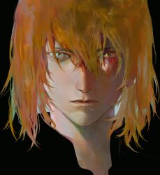 1boy absurdres black_background black_shirt blood blood_on_face death_note expressionless fieroo hair_between_eyes highres lips looking_at_viewer male_focus mello_(death_note) nose orange_hair shirt short_hair simple_background solo yellow_eyes