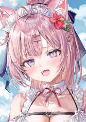 1girl absurdres animal_ear_fluff animal_ears antenna_hair bare_shoulders belt black_belt blue_sky blush braid breasts chest_belt cleavage collar collarbone commentary_request detached_collar fang hair_ornament hairclip hakui_koyori heart heart_hair_ornament highres hololive long_hair looking_at_viewer maid_headdress momoko_(momopoco) neck_ribbon purple_eyes red_ribbon ribbon sky smile solo white_collar