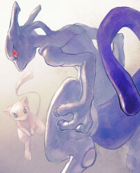 1other blue_eyes closed_mouth floating gen_1_pokemon glowing glowing_eyes legendary_pokemon looking_at_viewer looking_back mew_(pokemon) mewtwo mythical_pokemon nintendo no_humans nostrils pokemon pokemon_(creature) red_eyes simple_background yuza