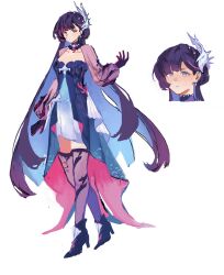 1girl black_hair black_shoes blue_dress blue_eyes blue_hair colored_inner_hair dress grey_thighhighs hair_ornament high_heels highres honkai:_star_rail honkai_(series) hysilens_(honkai:_star_rail) long_hair multicolored_hair multiple_views poyo_(luberryart) shoes shrug_(clothing) simple_background standing thighhighs very_long_hair white_background