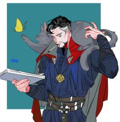 Rule 34 | 1boy, animal, animal ears, animal nose, artist name, belt, black hair, blue background, blue eyes, blue shirt, book, border, brown belt, bug, butterfly, butterfly wings, cat, cat ears, cat tail, cigarette, cloak, doctor strange, facial hair, fang, fingernails, grey cat, grey cloak, grey fur, hands up, highres, holding, holding book, insect, insect wings, jewelry, karmaho, long sleeves, looking at viewer, male focus, marvel, marvel cinematic universe, multicolored hair, necklace, open book, outside border, red cloak, shirt, short hair, simple background, smoking, streaked hair, tail, teeth, two-sided cloak, two-sided fabric, white border, white hair, wings, yellow butterfly