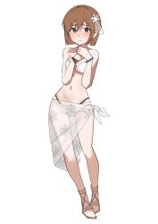 1girl absurdres bare_shoulders bikini blush bob_cut bracelet breasts brown_eyes brown_hair ch2haya_p closed_mouth collarbone full_body furrowed_brow hagiwara_yukiho hair_ornament hands_up highres idolmaster idolmaster_(classic) idolmaster_million_live! idolmaster_million_live!_theater_days jewelry looking_at_viewer medium_breasts multiple_bracelets navel o-ring o-ring_bikini own_hands_together print_sarong sandals sarong see-through_clothes see-through_sarong short_hair shy simple_background snowflake_hair_ornament snowflake_print solo standing swimsuit underboob white_background white_bikini