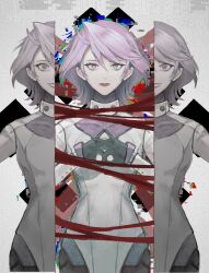 1girl ai_the_somnium_files ai_the_somnium_files:_nirvana_initiative black_gloves blood cowboy_shot dress gloves hands_up highres long_sleeves looking_at_viewer medium_hair natsunoren open_mouth outstretched_arms purple_eyes purple_hair shigure_tokiko smile solo split spoilers straight-on white_dress wide-eyed