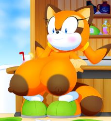 1girl black_shorts blue_eyes blush breast_expansion breasts expansion female_focus full_body furry furry_female green_shirt huge_breasts large_areolae marine_the_raccoon oppai_loli shirt shorts slickehedge smile solo sonic_(series) torn_clothes torn_shirt
