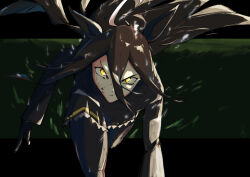 Rule 34 | 1girl, :/, ahoge, animal ears, black coat, black gloves, black hair, black pantyhose, black skirt, closed mouth, coat, dirty, dirty face, floating hair, furrowed brow, gloves, hair between eyes, highres, horse ears, horse girl, long bangs, long hair, long hair between eyes, long sleeves, manhattan cafe (umamusume), multicolored hair, pantyhose, pleated skirt, ringring (artist), skirt, solo, umamusume, very long hair, white hair, yellow eyes