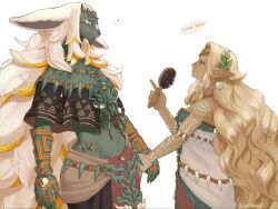 Rule 34 | 1boy, 1girl, artist name, blonde hair, body markings, brown eyes, circlet, closed mouth, commentary, dark-skinned female, dark skin, dress, earrings, english commentary, english text, eyelashes, facial mark, fingernails, furry, furry male, green dress, green eyes, green nails, hair brush, hand up, highres, holding, holding hair brush, horns, ivy (sena0119), jewelry, long hair, looking at another, multicolored dress, nail polish, necklace, nintendo, pelvic curtain, pointy ears, profile, rauru (tears of the kingdom), sidelocks, simple background, sonia (zelda), speech bubble, strapless, strapless dress, the legend of zelda, the legend of zelda: tears of the kingdom, twitter username, very long ears, very long hair, wavy hair, white background, white dress, white hair, zonai