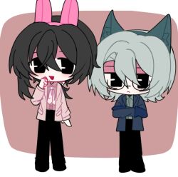 2boys animal_ear_hairband animal_ears aqua_hair aqua_shirt bingjilingjitui black_eyes black_hair black_pants black_shoes blue_jacket blue_mittens cat_ears chinese_commentary closed_mouth collared_shirt commentary_request crossed_arms deformed fake_animal_ears hair_between_eyes hairband jacket jitome liu_qingcheng long_sleeves male_focus medium_hair mittens mo_chengwei mole mole_under_eye mole_under_mouth multiple_boys neckerchief open_clothes open_jacket open_mouth pale_skin pants pink_jacket pink_shirt rabbit_ears shirt shoes smile tareme touqi_guaitan white_neckerchief