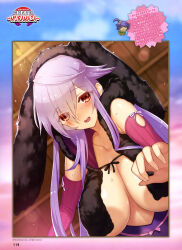 Rule 34 | 1girl, absurdres, bare shoulders, blush, breasts, cleavage, highres, hood, large breasts, long hair, looking at viewer, no bra, open mouth, purple hair, red eyes, scan, sengoku bushouki muramasa, solo, toudou takatora (sengoku bushouki muramasa), underboob, upper body