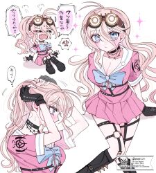 Rule 34 | 1girl, antenna hair, barbed wire, black boots, black choker, black gloves, blonde hair, blue eyes, blush, boots, breasts, choker, cleavage, collarbone, danganronpa (series), danganronpa v3: killing harmony, fingerless gloves, from side, gloves, goggles, goggles on head, highres, iruma miu, large breasts, long hair, miniskirt, mmr 0x, multiple views, pink shirt, pink skirt, ponytail, shiny skin, shirt, skirt, speech bubble, thought bubble, white background