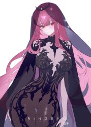 1girl artist_name black_dress black_veil breasts breasts_apart chronopattern_dress closed_mouth commentary cowboy_shot dress english_commentary hair_between_eyes highres hololive hololive_english large_breasts light_smile long_hair looking_at_viewer meme_attire mori_calliope pink_hair red_eyes ringeko-chan solo thigh_gap unfinished veil very_long_hair virtual_youtuber