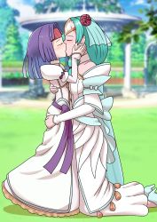 2girls absurdres age_difference alternate_costume aqua_hair blush bride ceremony child_bride closed_eyes commission couple dress female_focus fire_emblem fire_emblem:_path_of_radiance fire_emblem:_radiant_dawn fire_emblem_heroes flat_chest flower grass hair_flower hair_ornament hand_on_another&#039;s_ass hand_on_another&#039;s_back hands_on_another&#039;s_face headband headgear height_difference high_heels highres hug kiss kneeling long_sleeves married misaeldm multiple_girls nintendo onee-loli outdoors purple_hair sanaki_kirsch_altina sanaki_kirsch_altina_(apostle_in_white) sigrun_(bridal)_(fire_emblem) sigrun_(fire_emblem) sky strapless strapless_dress tree wedding wedding_dress yuri