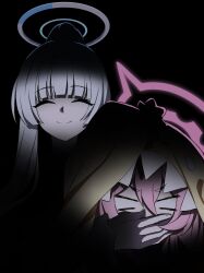 2girls ^_^ black_background blue_archive closed_eyes closed_mouth covering_another&#039;s_mouth grey_hair grey_halo halo high_ponytail highres hood hood_up koyuki_(blue_archive) koyuki_(pajamas)_(blue_archive) long_hair meme_request multiple_girls no_pupils noa_(blue_archive) noa_(pajamas)_(blue_archive) pajamas pink_hair pink_halo ponytail reia_76 smile v-shaped_eyebrows yellow_pajamas