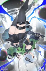 1girl absurdres anby_demara belted_skirt black_gloves black_headphones black_skirt black_thighhighs breasts electricity fingerless_gloves gloves green_sleeves headphones highres holding holding_sword holding_weapon jacket long_sleeves navel orange_eyes short_hair skirt sword thick_thighs thighhighs thighs upside-down weapon white_hair white_undershirt zenless_zone_zero zeroartwo