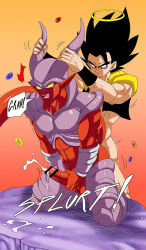 2boys anal ass black_hair censored dragon_ball erection gogeta halo handjob horns janemba majinbuusama male_focus motion_lines multiple_boys muscular muscular_male open_mouth orgasm penis sex sex_from_behind yaoi