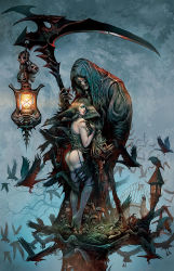 1girl aiden(chi777666) animal ass bird blonde_hair branch cloak crow death_(entity) female_focus garter_straps grim_reaper hairband highres hood lamp lamppost lantern lingerie makeup mushroom original raven scythe signature skeleton skull snake solo thighhighs underwear
