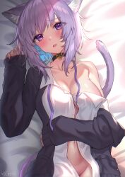 Rule 34 | absurdres, animal ear fluff, animal ears, artist name, bed sheet, beyo, black sweater, blush, breasts, cat ears, cat girl, cat tail, choker, collar, collared shirt, fang, groin, highres, hololive, large breasts, looking at viewer, lying, messy hair, navel, nekomata okayu, on back, on bed, open clothes, open mouth, open shirt, purple eyes, purple hair, purple tail, shirt, single bare shoulder, skin fang, sweater, tail, untied ribbon, virtual youtuber, white shirt
