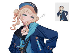 1girl :3 arisaki_(cnxy7525) baseball_cap black_choker black_hat black_ribbon blonde_hair blue_coat blue_hoodie blue_ribbon blush choker closed_mouth coat commentary_request double_bun eyelashes fanny_pack green_eyes hair_bun hat highres hood hood_down hoodie kaburaki_roco kaburaki_roco_(1st_costume) lapels long_sleeves looking_at_viewer medium_hair nijisanji open_clothes open_coat reference_inset ribbon sidelocks simple_background sleeves_past_wrists smile solo upper_body v-shaped_eyebrows virtual_youtuber white_background
