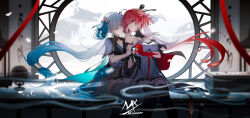 2girls aqua_bow aqua_hair artist_logo bare_shoulders black_bow black_collar black_dress black_jacket black_thighhighs bow braid breasts changli_(wuthering_waves) chromatic_aberration cleavage closed_mouth coat collar collarbone colored_extremities colored_eyelashes dress feather_hair gradient_hair hair_between_eyes hair_bow hair_extensions heart heart_hands heart_hands_duo highres jacket jinhsi_(wuthering_waves) large_breasts logo long_hair looking_at_viewer medium_breasts missing_commentary mole mole_on_cheek multicolored_hair multiple_girls orange_eyes pink_hair red_hands ring_hair_extensions shimmer sitting tacet_mark_(wuthering_waves) thighhighs thighs twin_braids two-tone_hair very_long_hair white_coat white_eyelashes white_eyes white_hair wuthering_waves