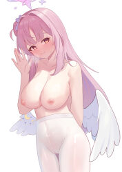 1girl absurdres angel_wings blue_archive blush breasts cameltoe chinese_commentary cleavage closed_mouth collarbone commentary covered_navel feathered_wings flower groin hair_bun hair_flower hair_intakes hair_ornament halo heart heart_in_eye heavy_breathing highres hitori_yui large_breasts long_hair low_wings mika_(blue_archive) pantyhose pink_hair pink_halo purple_flower simple_background single_side_bun smile solo sweat symbol_in_eye thighs topless_female white_background white_pantyhose white_wings wings yellow_eyes