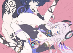 1boy 1girl animal_ears armlet asymmetrical_gloves bed_sheet black_gloves black_leotard black_shirt blue_eyes blush body_markings bottomless braid breasts censored citlali_(genshin_impact) closed_mouth clothed_sex clothing_aside commentary cutout_above_navel daram_(shappydude) elbow_gloves facial_mark fingerless_gloves flat_color floating_headgear folded forehead_mark from_above genshin_impact gladiator_sandals gloves hair_intakes headgear hetero highres jewelry leotard leotard_aside long_hair low_twin_braids lying medium_breasts missionary mosaic_censoring necktie nipples on_back on_bed one_breast_out ororon_(genshin_impact) penis pink_hair pink_pupils purple_hair purple_necktie sandals sex sheet_grab shirt single_elbow_glove toned toned_male triangle triangle_facial_mark twin_braids uneven_gloves unfinished vaginal vision_(genshin_impact)