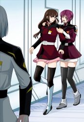 Rule 34 | 1boy, 2girls, ahoge, blue eyes, blush, boots, breasts, brown hair, compass uniform, gundam, gundam seed, gundam seed freedom, highres, holding, long hair, long sleeves, lunamaria hawke, mikami xsx, military, military uniform, multiple girls, one eye closed, open mouth, pink hair, pink skirt, purple eyes, purple hair, shiho hahnenfuss, shirt, short hair, skirt, smile, thighhighs, white hair, yzak joule, zaft uniform