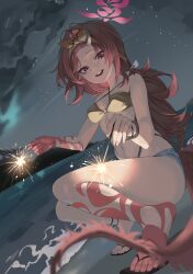 1girl absurdres bangs_pinned_back bare_arms bare_legs bare_shoulders beach bikini blue_archive colored_skin denim denim_shorts dragon_girl dragon_horns dragon_tail hairband halo highres holding holding_fireworks horns multicolored_skin ocean open_mouth orange_hairband purple_eyes purple_halo red_hair red_skin renge_(blue_archive) renge_(swimsuit)_(blue_archive) sandals shorts single_horn solo squatting swimsuit tail teeth toes toulalan upper_teeth_only yellow_bikini