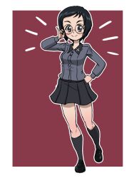 Rule 34 | 1girl, black hair, black socks, blush, breasts, closed mouth, full body, girls und panzer, glasses, grey eyes, hand on own hip, katsuya megu, kuromorimine school uniform, looking at viewer, miniskirt, red background, school uniform, short hair, simple background, skirt, small breasts, smile, socks, solo, takahashi kurage