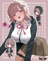 Rule 34 | 1girl, :o, black jacket, blush, breasts, brown hair, brown skirt, chibi, collared shirt, danganronpa (series), danganronpa 2: goodbye despair, dress shirt, galaga, grey background, hair ornament, highres, hood, hood up, hooded jacket, jacket, large breasts, medium hair, miniskirt, minsikrit, multiple views, nanami chiaki, neck ribbon, pink eyes, pink ribbon, pleated skirt, ribbon, sa bu ibo, shirt, skirt, smile, white shirt