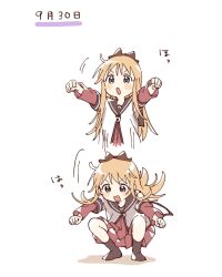1girl afterimage blonde_hair blue_eyes blush_stickers bow brown_bow brown_sailor_collar brown_socks clenched_hands dress full_body hair_bow hashtag-only_commentary highres layered_sleeves long_hair long_sleeves namori nanamori_school_uniform no_shoes open_mouth outstretched_arms red_dress sailor_collar school_uniform shirt short_over_long_sleeves short_sleeves simple_background socks solo squatting toshinou_kyouko v-shaped_eyebrows white_background white_shirt yuruyuri
