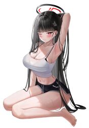 1girl absurdres alternate_costume arm_behind_head arm_up armpits barefoot black_bra black_hair black_halo black_shorts blue_archive blunt_bangs blush bra bra_peek bra_strap breasts camisole cleavage closed_mouth commentary dolphin_shorts feet full_body hair_intakes hair_ornament hairclip halo highres hsxxx large_breasts long_hair looking_at_viewer midriff navel one_eye_closed presenting_armpit red_eyes rio_(blue_archive) shorts sitting solo straight_hair sweat thighs toes transparent_background underwear very_long_hair wariza white_camisole