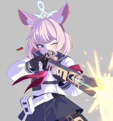 1girl absurdres animal_ear_fluff animal_ears black_gloves black_sailor_collar black_skirt blue_archive blue_eyes blue_halo blunt_bangs blush commentary_request cowboy_shot cran_berrie fighting_stance fingerless_gloves firing fox_ears fox_girl gloves grey_background gun halo highres holding holding_gun holding_weapon korean_commentary long_sleeves looking_ahead medium_hair miniskirt motion_blur muzzle_flash neckerchief niko_(blue_archive) one_eye_closed pink_hair pleated_skirt pump_action red_neckerchief remington_870 sailor_collar school_uniform serafuku shell_casing shirt shotgun simple_background skirt solo v-shaped_eyebrows weapon white_shirt